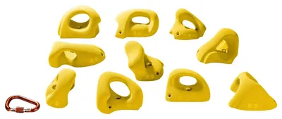 Zehn gelbe Klettergriffe "Handle Jugs XL" von Entre Prises; geeignet für Dachklettereien; mit einem Karabiner.