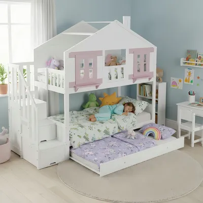 Immagine prodotto di Abrihome Letto a castello 90x200 cm con letto estraibile, letto a soppalco per bambini con scala, protezione anticaduta e spazio contenitore, bianco