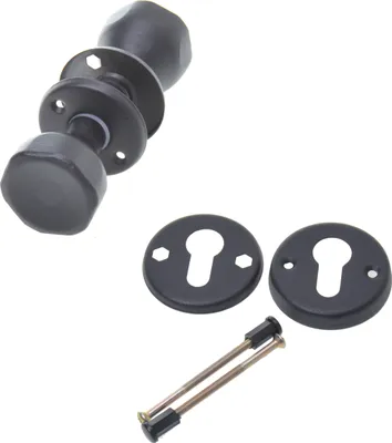 A set of black door knobs and related hardware, including two keyhole escutcheons and two connecting screws, are displayed against a white background.
