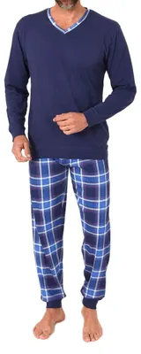 Produktbild von Normann Herren langarm Schlafanzug mit Bündchen + karierter Pyjamahose aus Jersey ; navy , 50
