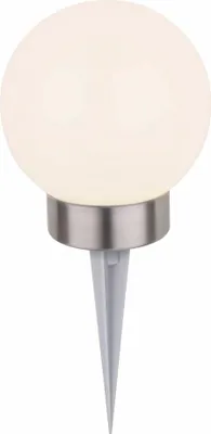 Produktbild von Dehner Solarleuchte Tampa, Solar-Kugel mit Erdspieß / Farbwechsel, Ø 30 cm, Höhe 47 cm, Kunststoff / Edelstahl, weiß / silber