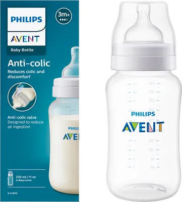 A product shot of a Philips Avent baby bottle and its packaging.
