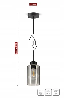 A diagram showing a pendant light fixture with dimensions and technical specifications.
