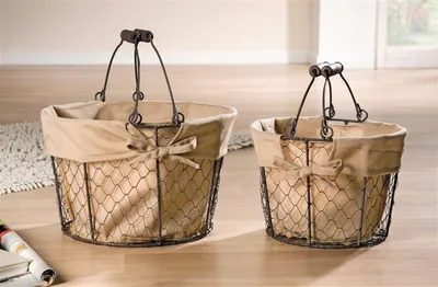 Produktbild von 2x Drahtkorb, rund Ø 23 + 29 cm, mit Textileinlage, SB-Korb, Tragekorb, Badkorb, Dekokorb