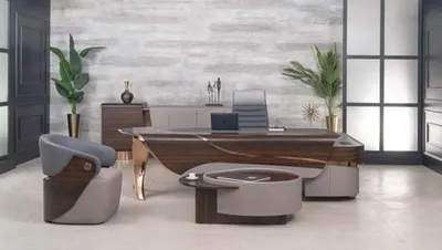 Image de Ensemble de bureau gris-marron : bureau, fauteuil de direction et table basse