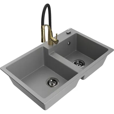 Obrázek produktu pro Mexen Tomas 2-miskový granitový dřez s kuchyňskou baterií Aster, Šedá - 6516-71-73450-57-B