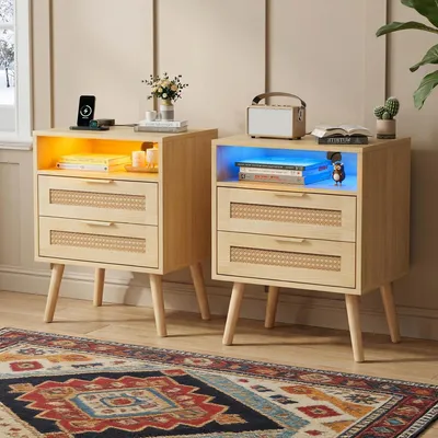 Immagine prodotto di Set di comodini - Mobiletto per la camera da letto - Contenitore e cassetti - LED integrati - 35x45x60 cm - Colore legno chiaro