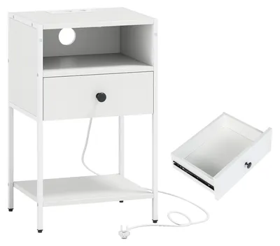 Produktbild von KOMFOTTEU Nachttisch mit Integriertem Ladestation, Beistelltisch mit offenem Regal, Nachtkommde Nachtschrank mit Metallrahmen, Sofatisch für Schlafzimmer, Wohnzimmer (Weiß)