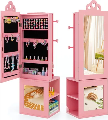 Produktbild von DREAMADE Kinder Schmuckschrank, freistehender Ganzkörperspiegel mit großem Stauraum, Kleiderständer mit Ankleidespiegel(Rosa)