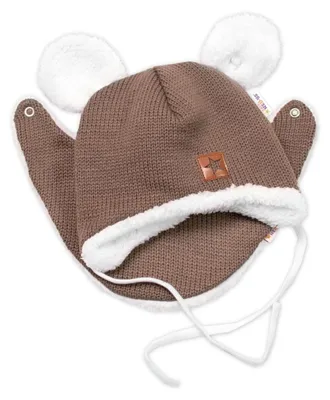 Productafbeelding van Baby Nelly gebreide wintermuts met imitatiebont en sjaal, bruin, maat 80/86