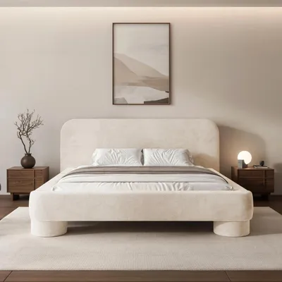 Productafbeelding van Gestoffeerd bed Frederico 140x200 cm, beige chenille – Tweepersoonsbed met opbergruimte, lattenbodem en rond hoofdeinde