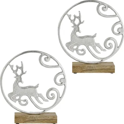 Productafbeelding van Decoratieve figuren Monda met rendiermotief, van aluminium, set van 2, kleur zilver, afmeting 22 cm
