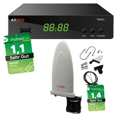 Produktbild von AXRED T90 HD DVBT2 Receiver + AX075 DVB-T/DVB-T2 Antenne mit Verstärker 36dBi für innen außen, mit USB PVR Aufnahmefunktion, für DVB T2 TV Fernseher Radio DVBT, DVB T Box