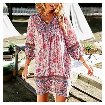 Produktbild von Damen Sommerkleid Knielang Elegant Boho Blumenkleid Musselin Italienische Strandkleider Midi Kurz Sommer Tunika Kleider Leicht Blusenkleid Freizeitkleider Luftige Carmen Stufenkleid