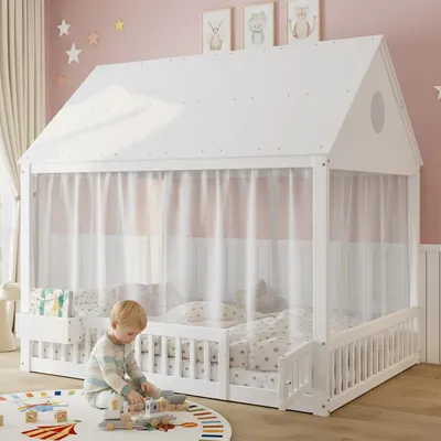 Produktbild von Kinderbett Hausbett 140x200 cm Weiß Spielbett aus Kiefer-Massivholz & MDF Jugendbett mit Dach Fenstern Vorhängen & Stauraumfach inkl. Lattenrost