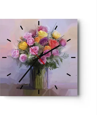 Produktbild von Wanduhr - Quadrat - Glasuhr - Blumen Vase Grafiken - 30x30cm - Schleichendes Uhrwerk - Lautlos - zum Aufhängen bereit - Dekoration Modern - Wanddekoration aus Glas - C3AC30x30-4207