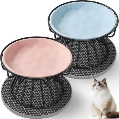 Produktbild von 2er Set Katzennäpfe erhöht Keramik mit Metallständer und Silikonmatte Blau + Rosa