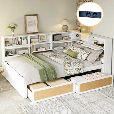 A white multifunctional bed with integrated shelving and storage drawers, set up in a bedroom with bedding and decorative items.