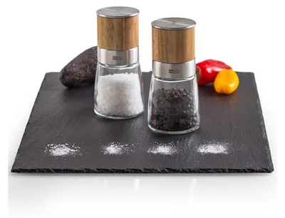 Produktbild von AdHoc Geschenk Set Salzmühle & Pfeffermühle Akasia MP99, Meersalz, schwarzer Pfeffer inklusive, Glas | Edelstahl | Holz