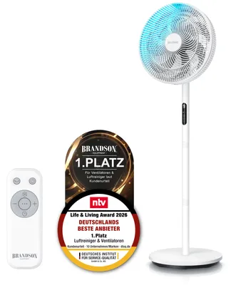 Produktbild von Brandson Standventilator mit Fernbedienung, leise, DC-Motor, 30 W, energiesparend, Oszillation, Timer, 9 Geschwindigkeitsstufen, höhenverstellbar, Sieger Ventilatoren und Luftkühler 2026