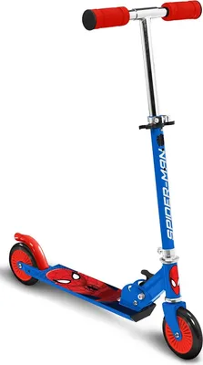 A Spider-Man themed scooter shown from a diagonal angle against a white background.