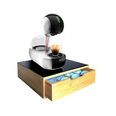 Produktbild von Kapselhalter/Kaffeemaschinenständer mit Schublade - Schwarzes Glas/Bambusholz - Kaffeepad- und Tassenständer - Getränkehalter Teedose Kapselhalter