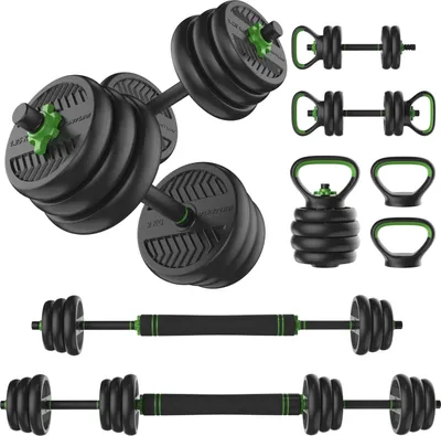 Produktbild von Modulares Vinyl-Hantel-Set für Zuhause, 20 kg oder 28 kg, Langhantel, Kurzhanteln & Kettlebell in einem