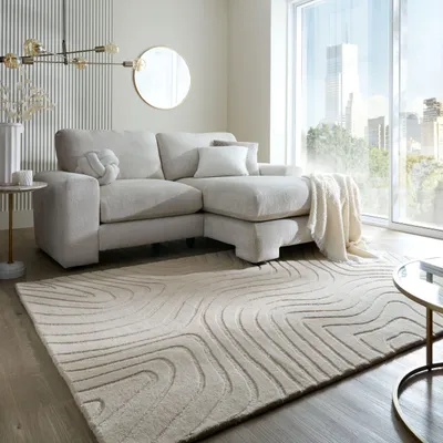 Produktbild von Wollteppich Wellen Abstrakt, Wohnzimmer Beige Rechteckig 200x290 | 100% Wolle, Rücken aus 100% Baumwolle | Florhöhe: 14 cm | Handgetuftet