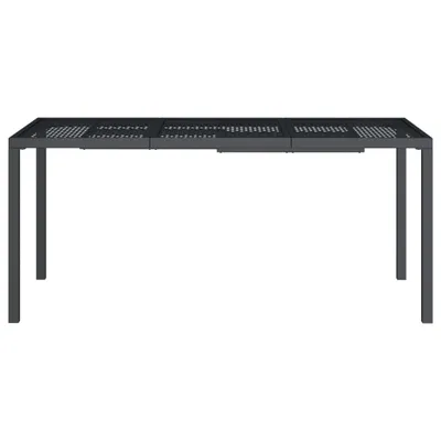 A dark grey metal garden table with a perforated top, shown from the front against a white background.