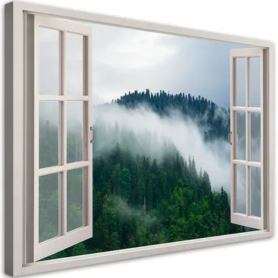 Produktbild von Leinwandbild Wald im Nebel Blick aus dem Fenster Landschaft 90x60 Feeby Grün bild für die wand bereit zum aufhängen