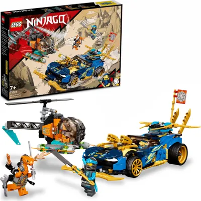 A LEGO Ninjago set featuring a blue and gold race car, a helicopter, and two minifigures, with the product box in the background.