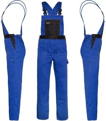 Three views of a blue pair of work overalls against a white background.