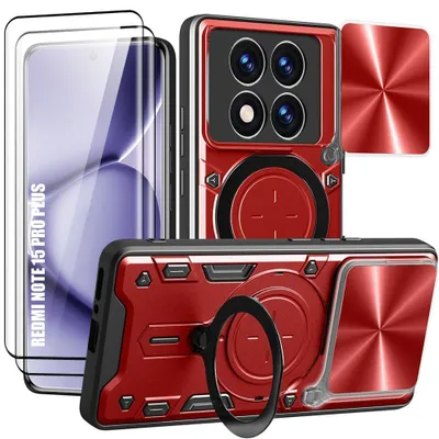 Image de Coque + 2 Verres Trempés pour Xiaomi Redmi Note 15 Pro Plus 5G, avec Anneau Rotatif - Rouge