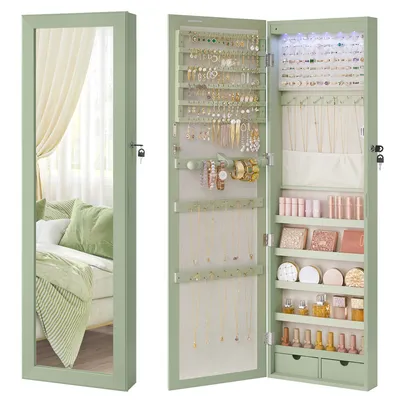 Produktbild von SONGMICS Schmuckschrank mit LED-Beleuchtung, 120 cm hoch, Schmuck-Organizer, abschließbar, Spiegelschrank, Wandmontage, an der Tür aufhängen