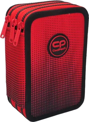 A red and black pencil case with a gradient pattern and a logo.