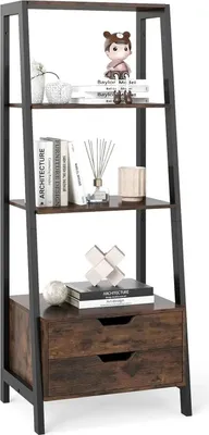 Immagine prodotto di Scaffale a scala Libreria - Scaffale indipendente - 4 ripiani aperti - 2 cassetti - Legno - Per camera da letto e soggiorno - Marrone