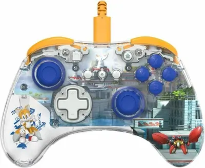 A transparent video game controller with a Sonic the Hedgehog theme.