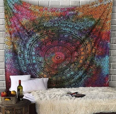 Obrázek produktu pro Unyqoos® Vícebarevný hippieový závěs na zeď s motivem mandaly a slonů – 100% bavlna, rozměry 230 x 213 cm, univerzální dekorace na zeď a přehoz
