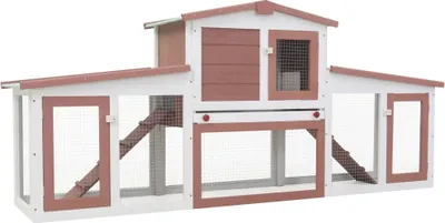 A long, multi-compartment wooden rabbit hutch with a brown and white color scheme, shown from the front against a white background.