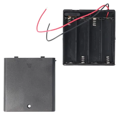 Produktbild von Batteriehalter für 4 Stück Mignon AA HR-3, LR6 Batterien oder Akkus mit Deckel und Kabel – Batteriehalter AA Mignon, Batterie Halterung Elektronik (Kunststoff)