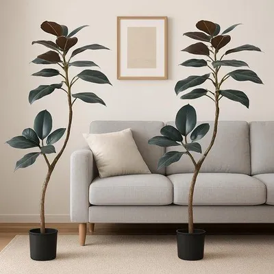 Image de Lot de 2 arbres artificiels en plastique, arbres artificiels de 120 cm de haut avec pot, grandes plantes artificielles d'intérieur, branches et feuilles réalistes, plantes décoratives en plastique pour la maison