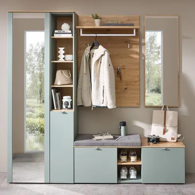 Produktbild von Garderoben Set mit Garderobenschrank grün matt mit Eiche BLISS-36, 4-teilig