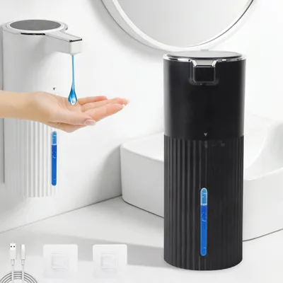 Productafbeelding van Automatische, contactloze zeepdispenser (400 ml), elektrische zeepdispenser met sensor, oplaadbaar via USB, waterdicht (IPX5), geen boren nodig, geschikt voor badkamer, keuken, kantoor, zeepdispenser – zwart