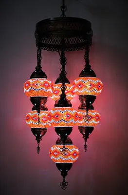 Produktbild von 7-flammige türkische Hängelampe aus rotem Mosaikglas – orientalische Deckenleuchte mit 7 Kugeln