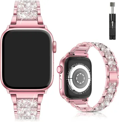 Produktbild von FFO2World Bling Armband kompatibel mit iWatch 42/44/45/46/49mm - Rosa - Diamant Ersatzarmband, verstellbares Slim Schmuck Metallband