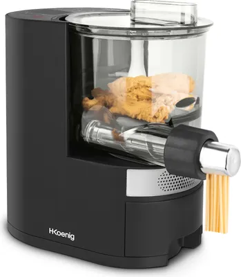Obrázok produktu pre Strojček na cestoviny H.Koenig HOMY90, 600 g cesta, 375 ml vody, 6 automatických programov bez lepku, 7 tvarov cestovín: Špagety, penne, lasagne, fettuccine, tagliatelle, integrovaná váha, 220 W