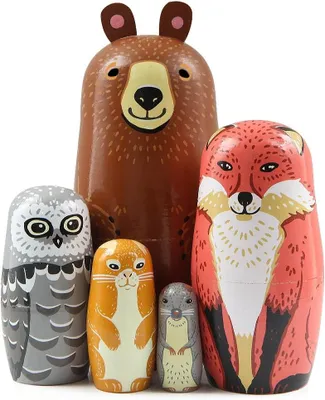 Productafbeelding van Schattige dierenmotieven houten poppen - Set van 5 - Beer - Vos - Uil - Konijn - Schattige Russische pop - Matroesjka