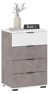 Zdjęcie produktu dla Szafka nocna PIANO w kolorze imitującym beton/białym, szafka nocna do łóżek kontynentalnych, szafka nocna z 4 szufladami i uchwytami z tworzywa sztucznego, korpus z płyty MDF/płyty wiórowej