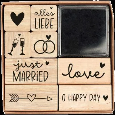Produktbild von Hochzeit Stempel-Set mit 8 unterschiedlichen Stempeln und Stempelkissen, 4x4 cm
