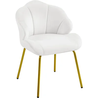 A white accent chair with gold legs is shown against a white background.